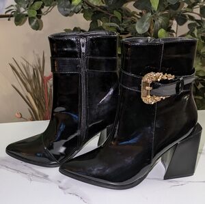Yoki Shiny Black Ankle Boots with Decorative Gold Buckle